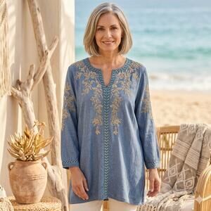 J Jill Blue Chambray Long Sleeve Floral Embroidered Tunic Medium
